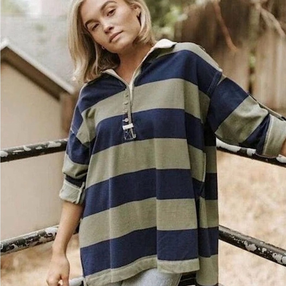 Free People Peyton Striped Henley Long Sleeve Tee Shirt, Blue Green, Size Large